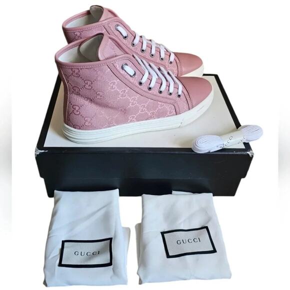 Gucci Shoes - Gucci Rebel High Top GG Sneakers EU 37 US 7 Pink Monogram Canvas Lace Up Cap Toe